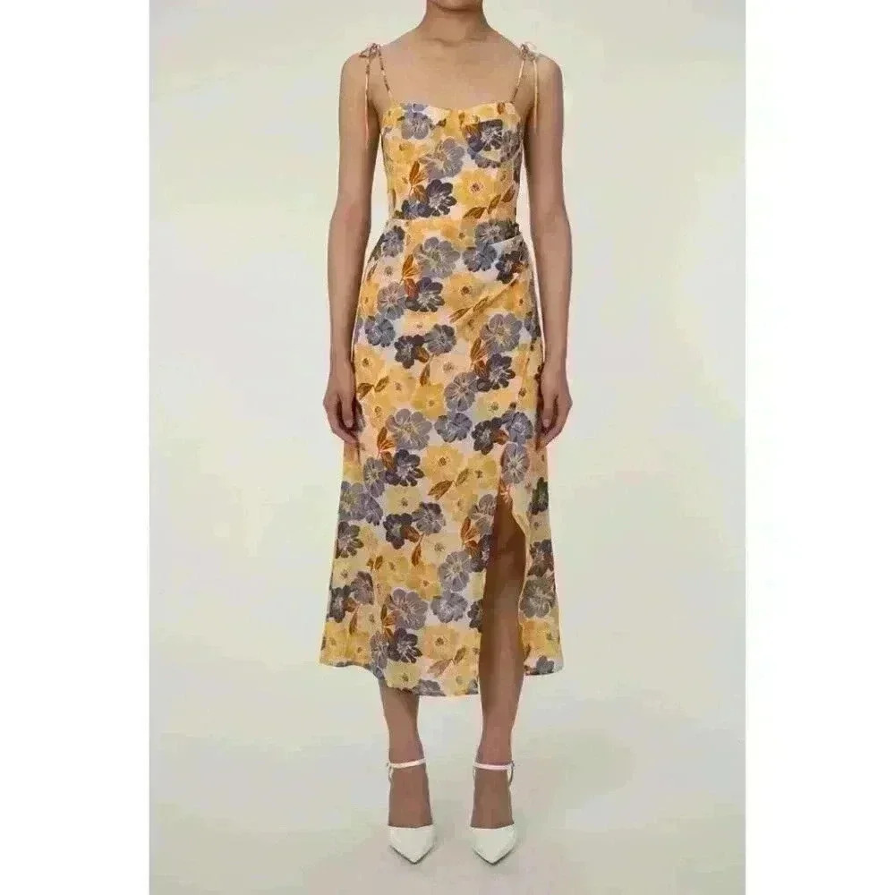 Tie Shoulder Bustier Smocked Split Floral Vacation Midi Slip Dress - Size M - Picture 2 of 15